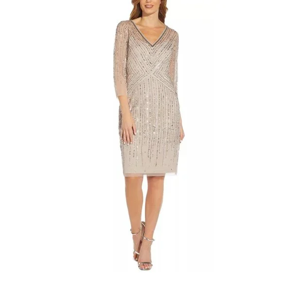 Adrianna Papell | Dresses | Adrianna Papell Sequin Stripe Beaded Mesh  Cocktail Dress Marble Size 6 | Poshmark
